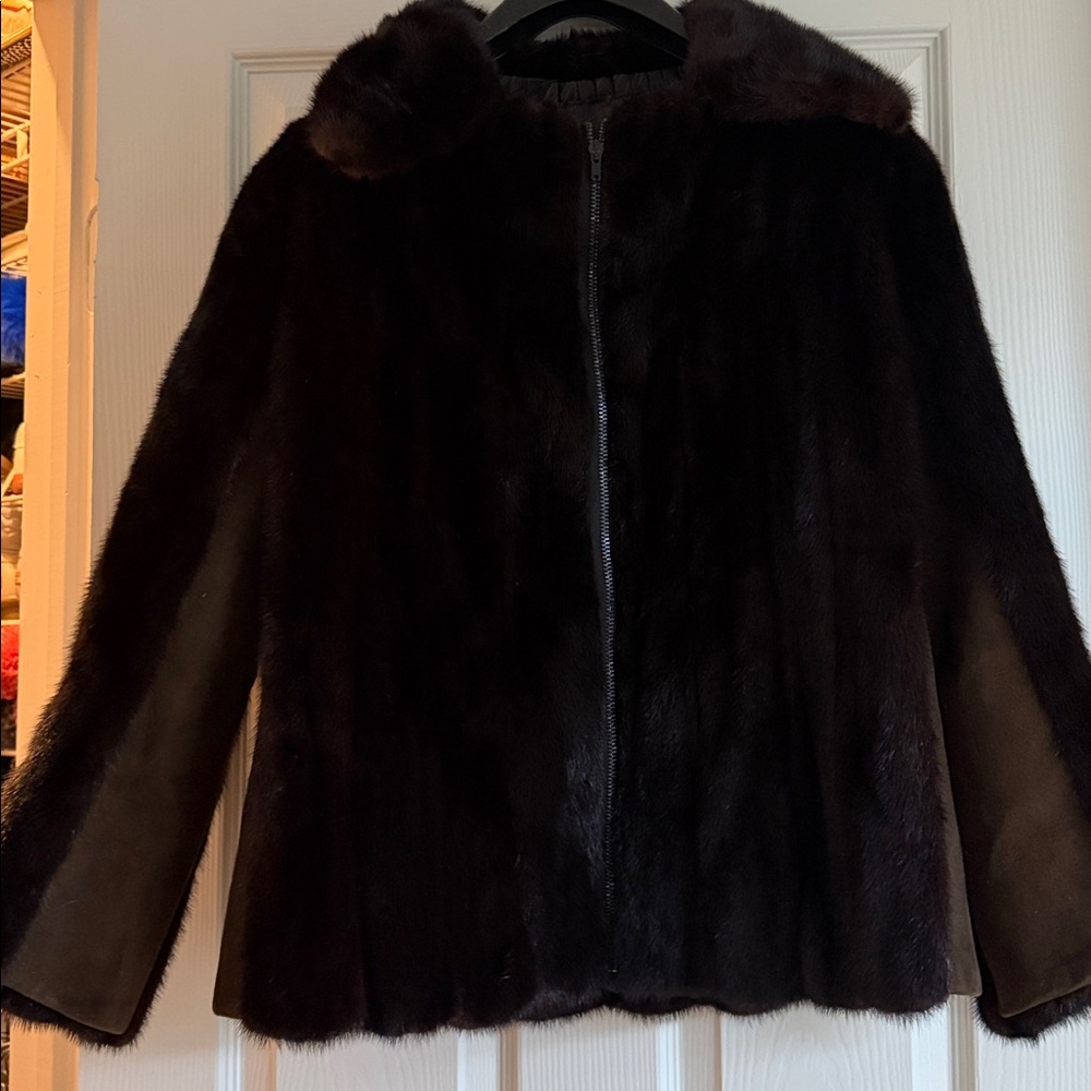 Luxurious Dark Brown real mink trimmed with brown suede jacket